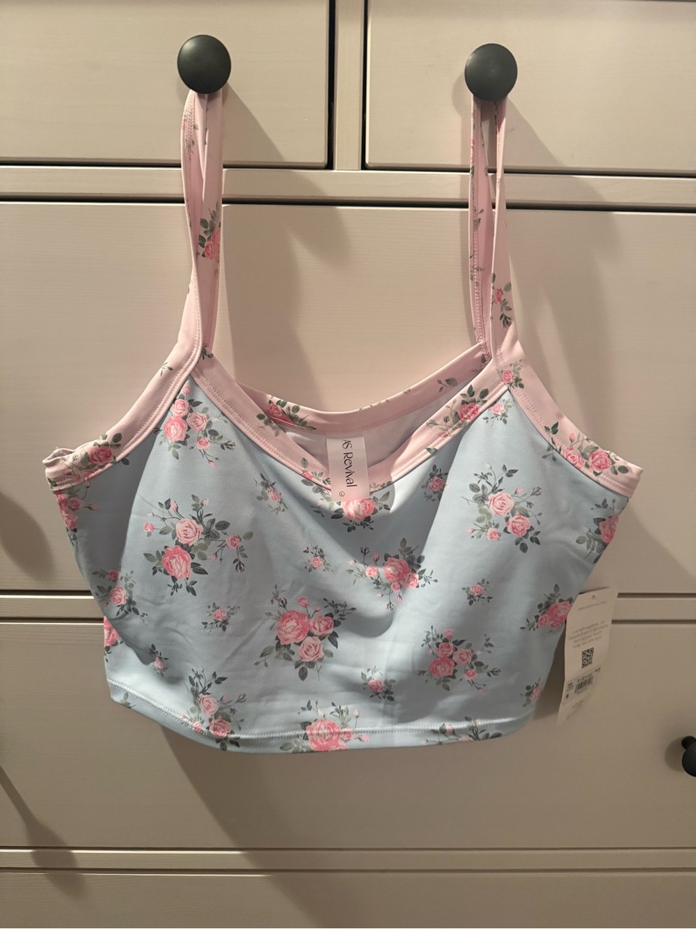 ALTAR’D STATE REVIVAL-Light Blue Floral Crop sports bra with Pink Trim